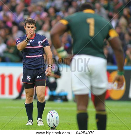 LONDON, ENGLAND - OCTOBER 07 2015: The 2015 Rugby World Cup Pool B match between South Africa and USA at The Olympic Stadium on October 7, 2015 in London, United Kingdom 