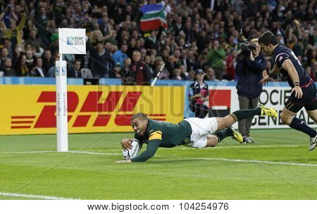 LONDON, ENGLAND - OCTOBER 07 2015: The 2015 Rugby World Cup Pool B match between South Africa and USA at The Olympic Stadium on October 7, 2015 in London, United Kingdom 