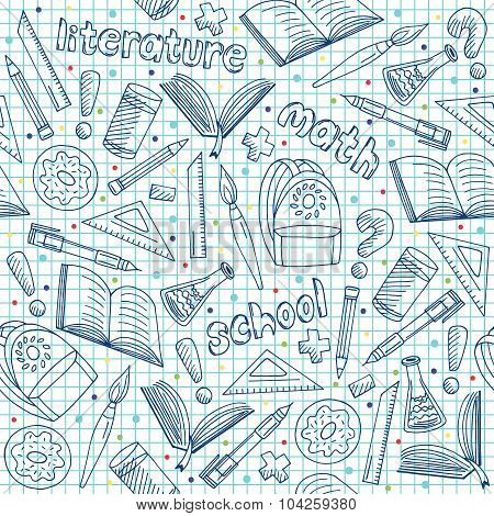 Vector School Supplies Pattern, Hand Drawn Blue Repeatable Graphic School Background Doodle Style