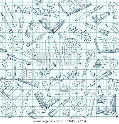 Vector School Supplies Pattern, Hand Drawn Blue Seamless School Background Doodle Style