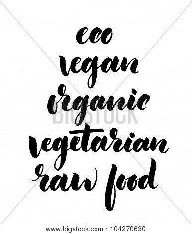 Handwritten words - organic, eco, raw food, vegan, vegetarian.