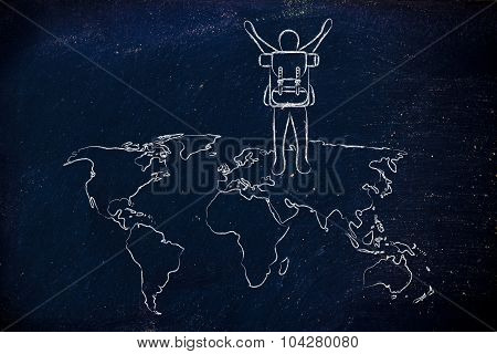 Backpacker Rejoicing Over World Map