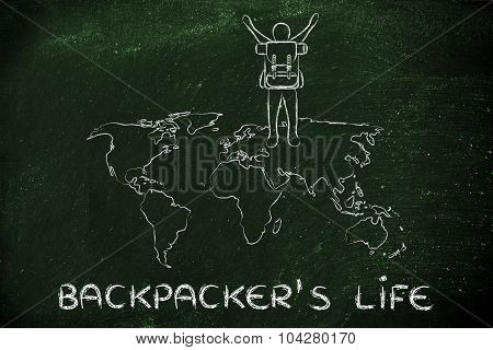 Backpacker Over World Map, Rejoicing About His Lifestyle