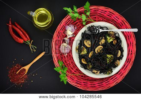Black Pasta With Mushrooms And Spices.