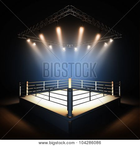 A 3d render illustration of empty professional boxing ring with illumination by spotlights.