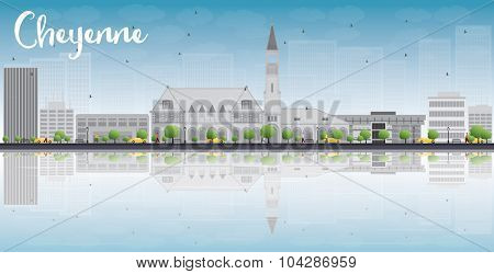 Cheyenne (Wyoming) Skyline with Grey Buildings, Blue Sky and reflections. Business travel and tourism concept with place for text. Image for presentation, banner, placard and web site.