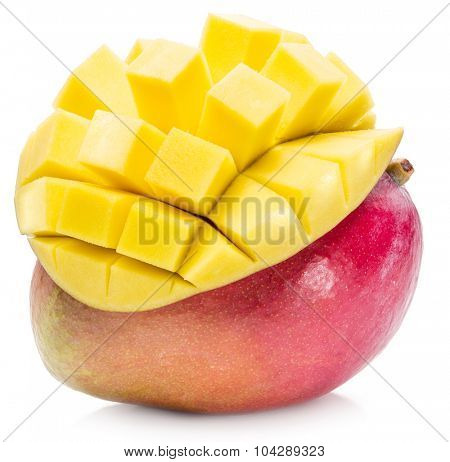 Mango fruit and mango cubes. The picture of high quality. Mango fruit and mango cubes on the white background.