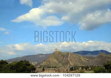 View At Jvari Monastery Against The Background Of The Cloudy Sky. Mtskheta, Georgia