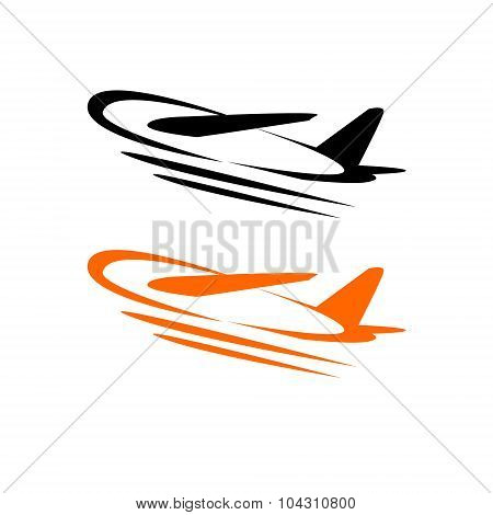 Flying airplane - stylized vector illustration. Grey icon on white background