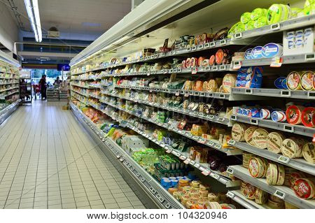 BORDEAUX, FRANCE - AUGUST 13, 2015: Simply Market interior. Simply Market is a brand of French supermarkets formed in 2005. This brand is a new concept to eventually replace Atac supermarkets