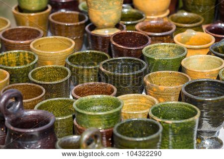 handmade ceramic pottery in a roadside market