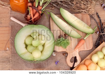 Cantaloupe Melon Fruit Juicy And Melon Cake.