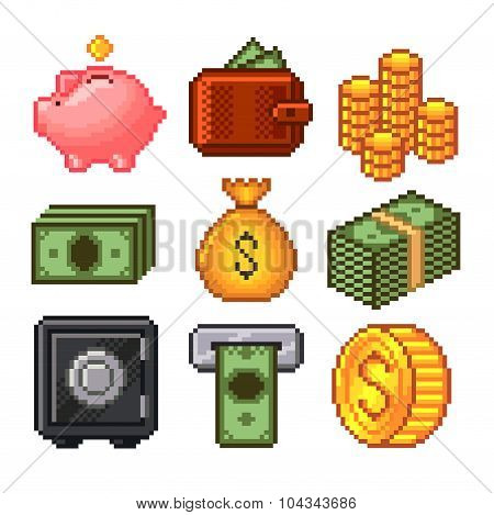 Pixel Money Icons Vector Set