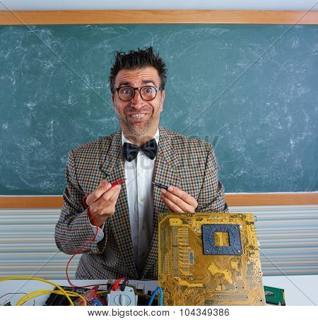 Nerd electronics technician retro teacher silly expression working in pcb