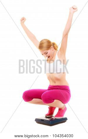 Happy Woman Weighing Scale. Slimming Weight Loss.
