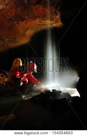 Underground River And Waterfall In A Cave