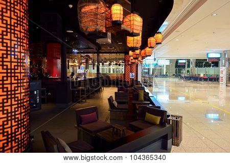 DUBAI, UAE - SEPTEMBER 08, 2015: restaurant in Dubai Airport. There are a lot of restaurants, bars, cafes and shops in Dubai International Airport. Almost all of them are open twenty-four hours.