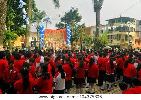 Coroico Bolivia - 22 March 2013: School children march in parade for dia del mar in Coroico in the Yungas rainforest. Dia del Mar is celebrated annually on the day Bolivia lost the Litoral province to Chile and therefore sea access.
