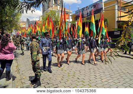 La Paz, Bolivia - 23 March 2013: Rows of soldiers march in a military parade for dia del mar in La Paz capital Bolivia. Die del Mar is celebrated annually on the day Bolivia lost the Litoral province to Chile and therefore sea access.