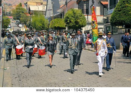 La Paz, Bolivia - 23 March 2013: Musicians march in military parade for dia del mar in La Paz capitol Bolivia. Die del Mar is celebrated annually on the day Bolivia lost the Litoral province to Chile and therefore sea access in the war of the pacific.