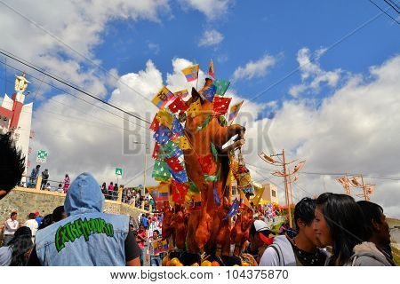 Latacunga, Ecuador 30 September, 2012: Unidentified participants parade pigs adorned with fruits, spirits, flags and guinea pigs at La Fiesta de la Mama Negra traditional festival.
