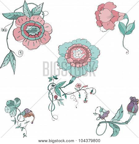 vector vintage hand drawing flowers on white background for wedding, birthday, textile and scrapbook