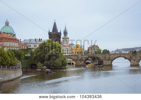 View to the Charles Bridge, Vltava river, Prague