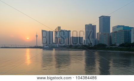 Skyline of macau city at outer harbour before sunset