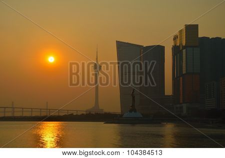 Skyline of macau city at outer harbour before sunset