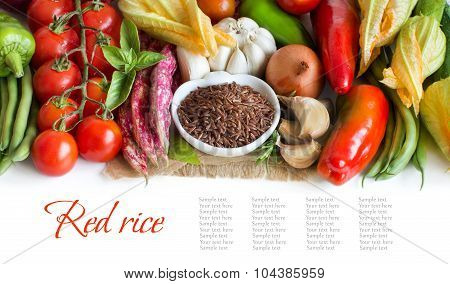 Red Organic Rice In Bowl And Fresh Vegetables