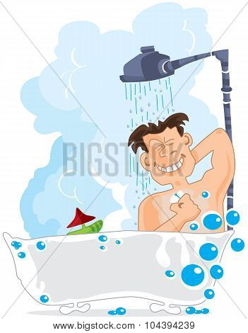 Man taking a shower in the bathtub
