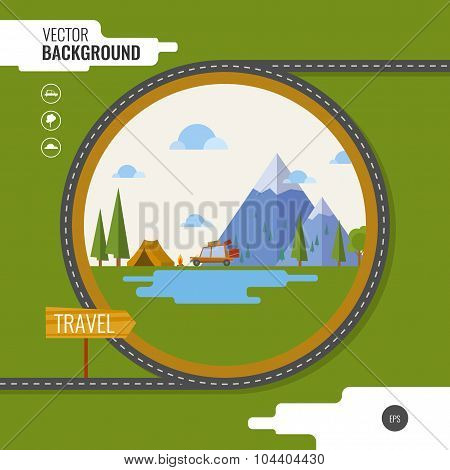 Family Traveling In Car. Background, Tent, Mountain, Forest, Fire, Road, Lake, Car. Vector Illustrat