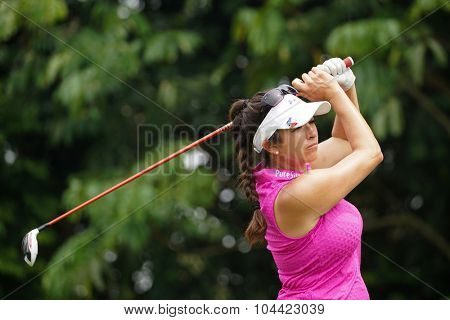 KUALA LUMPUR, MALAYSIA - OCTOBER 10, 2015: USA's Gerina Piller tees off at the sixth hole of the KL Golf & Country Club on Round 3 day at the 2015 Sime Darby LPGA Malaysia golf tournament. 