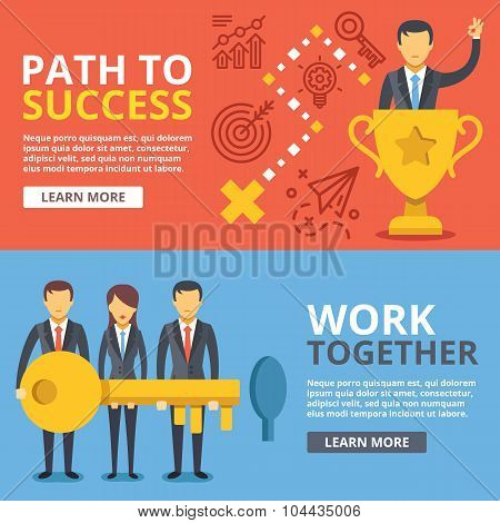 Path to success. work together, team work flat illustration set