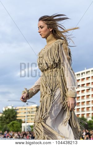 Thessaloniki Greece 28 September 2015. Models walk an during outdoor fashion show with clothing made out of recycled materials was held in the seafront promenade of Thessaloniki
