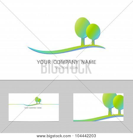 Vector Icon With Green Land And Two Oval Trees.