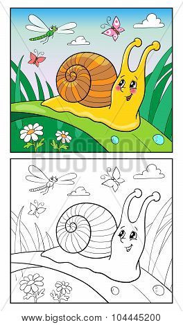Coloring Page Cartoon Illustration Of Funny Snail For Children.