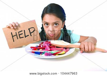 Little Child Eating Sweet Sugar In Candy Dish Holding Sugar Spoon Asking For Help In Unhealthy Nutri