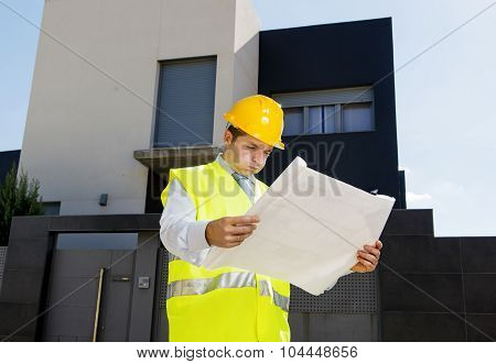 Foreman Worker In Stress Supervising Building Blueprints Outdoors Wearing Construction Helmet