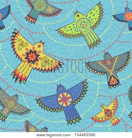 Vector Seamless Pattern With Stylized Birds And Circles.
