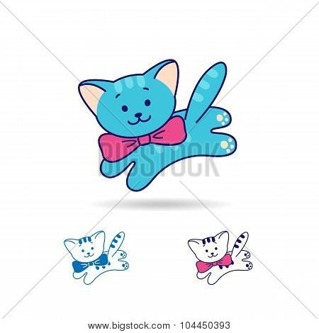 Blue Cat Or Kitty With Bow, Line And Flat Style.