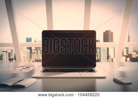 Open Laptop, Diary With Pen And Glasses Oon A Table
