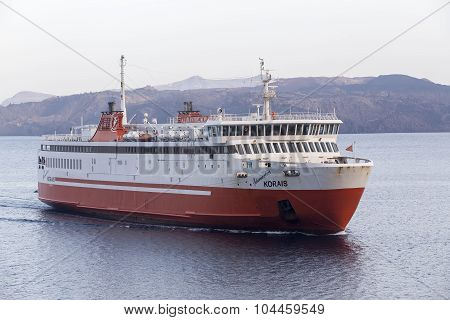 Naxos Greece- May 17 2015: Adamantios Korais ship leaves from the harbor from Naxos in Greece.