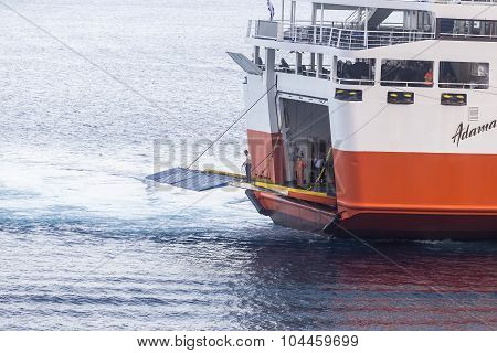 Adamantios Korais Ship Leaves From The Harbor From Naxos, In Greece.