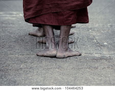 Dramatic Picture Of Ascetic Buddhist Monk Walking Pray At The Way To Kyaikhtiyo.