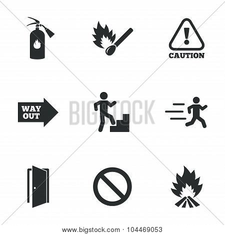 Fire safety, emergency icons. Extinguisher sign.