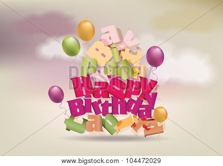  Happy birthday design template on  background with clouds. Broken text