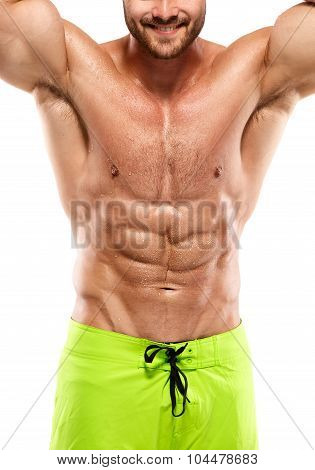 Strong Athletic Man Fitness Model Torso Showing Abdominal Muscles Without Fat