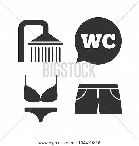Swimming pool icons. Shower and swimwear signs.