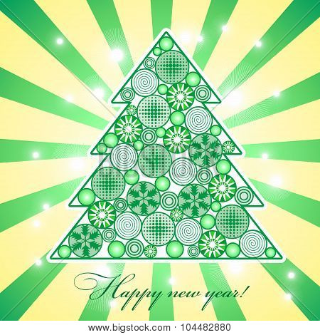 Illustration Of A Green Christmas Tree With Snowflakes On A Yellow-green Background